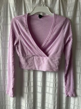 wild fable Lilac Ribbed Wrap-Front Long Sleeve Crop Top